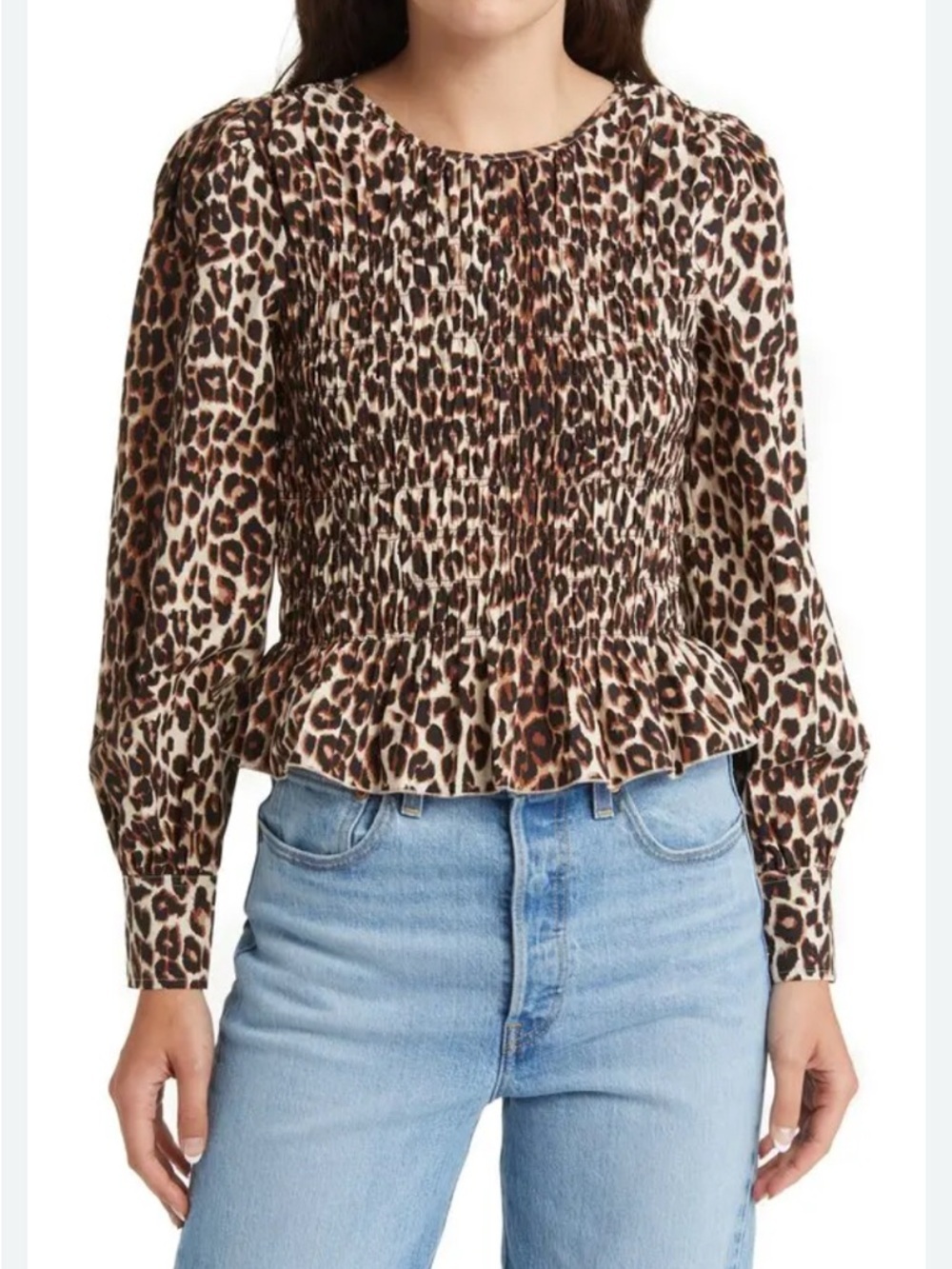Rails Nala Leopard Peplum Top Smocked Animal Print‎ Long Sleeve Brown Women’s M